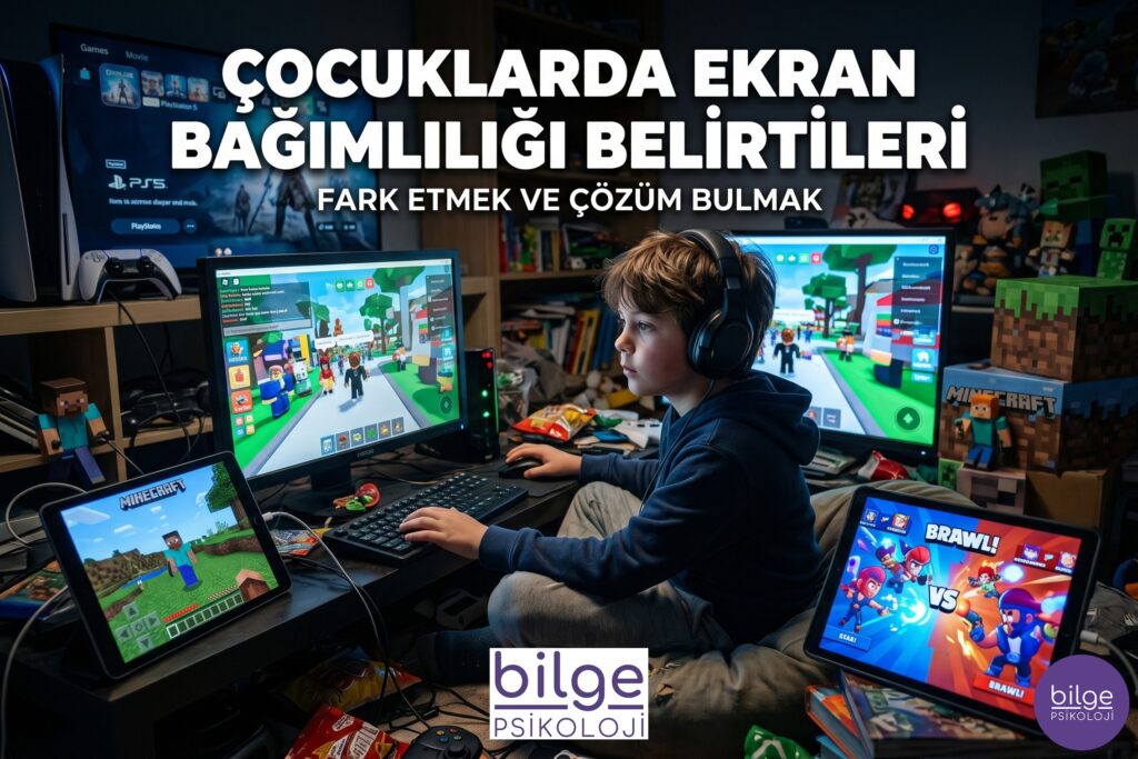 Minecraft, Roblox ve mobil oyunlarla yoğun şekilde vakit geçiren çocuğu endişeyle izleyen ebeveyn - çocuklarda ekran bağımlılığı belirtileri