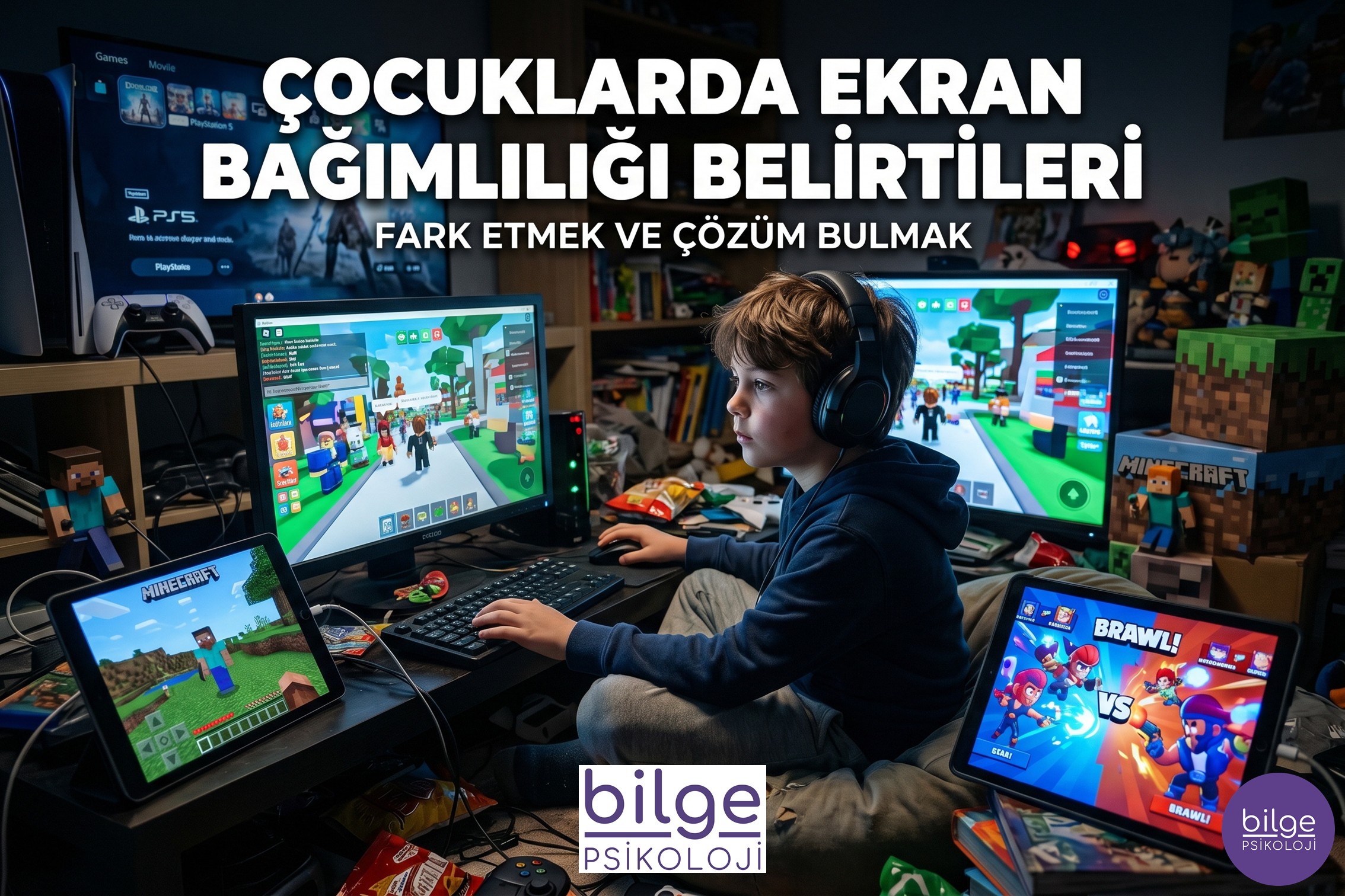 Minecraft, Roblox ve mobil oyunlarla yoğun şekilde vakit geçiren çocuğu endişeyle izleyen ebeveyn - çocuklarda ekran bağımlılığı belirtileri